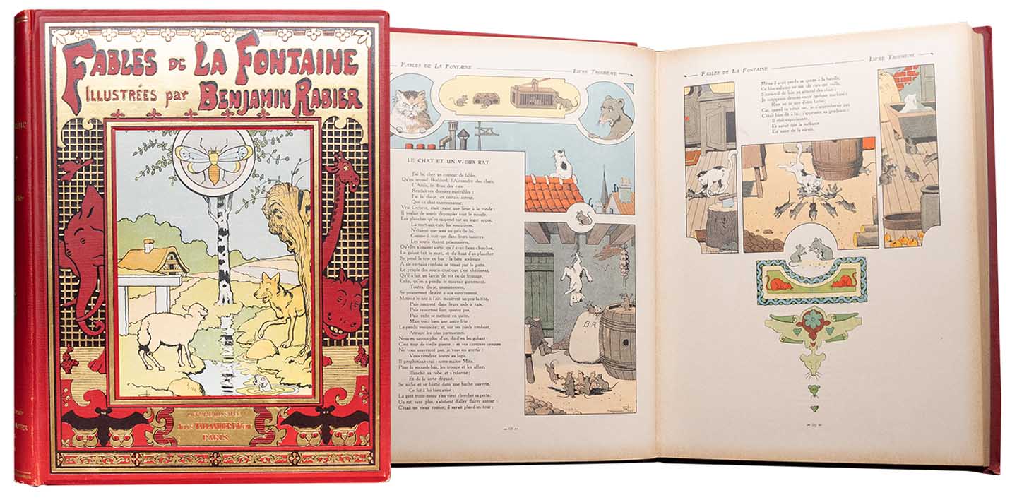 Cover and inside pages of Fables de La Fontaine, 1906