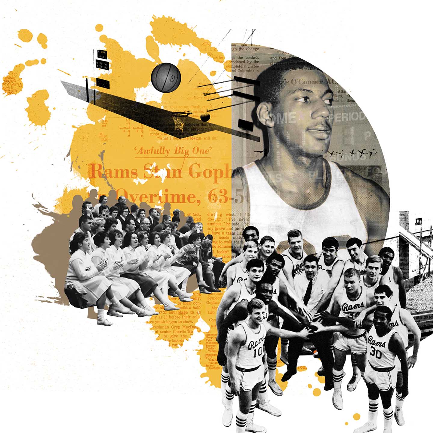Collage of photos of basketball players from the 1960s and 70s and fans attending basketball games