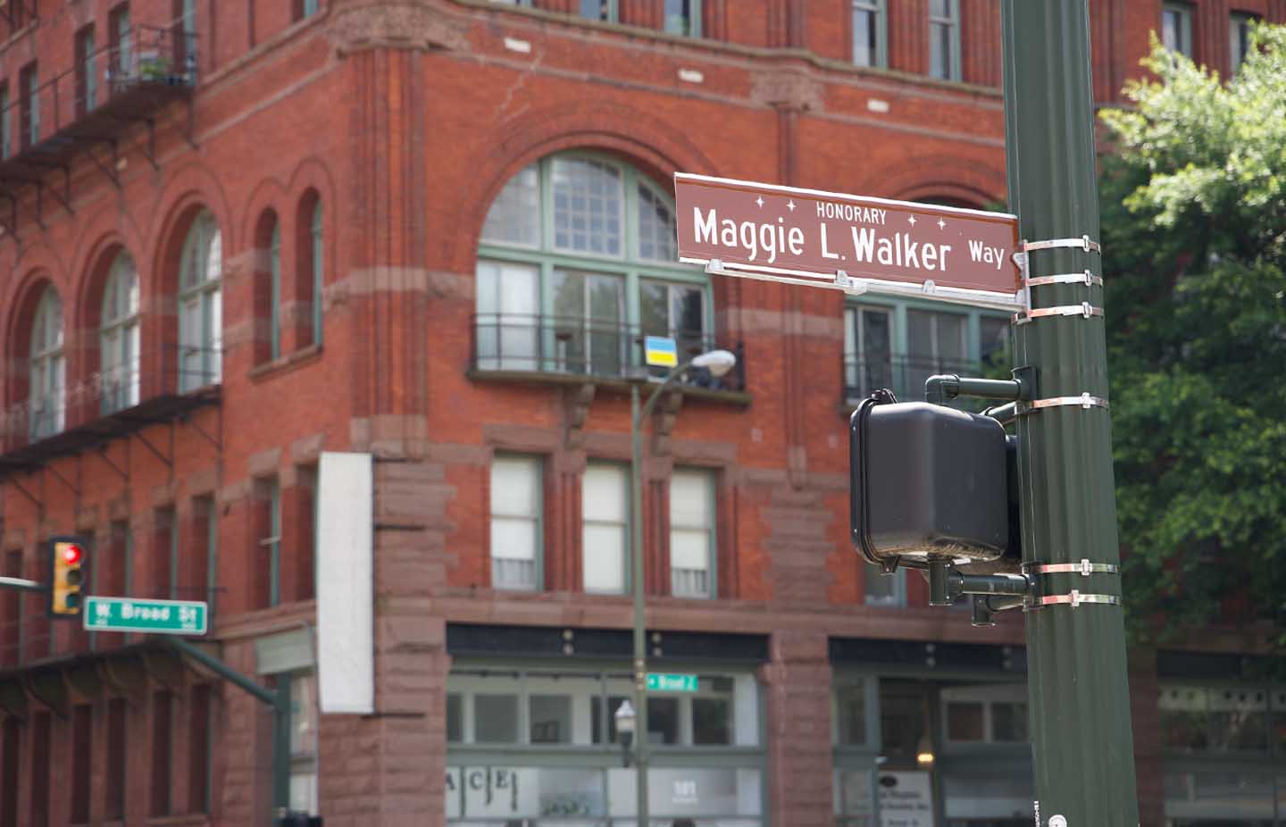 Maggie Walker’s honorary street sign at East Broad and Adams streets in Richmond Virginia