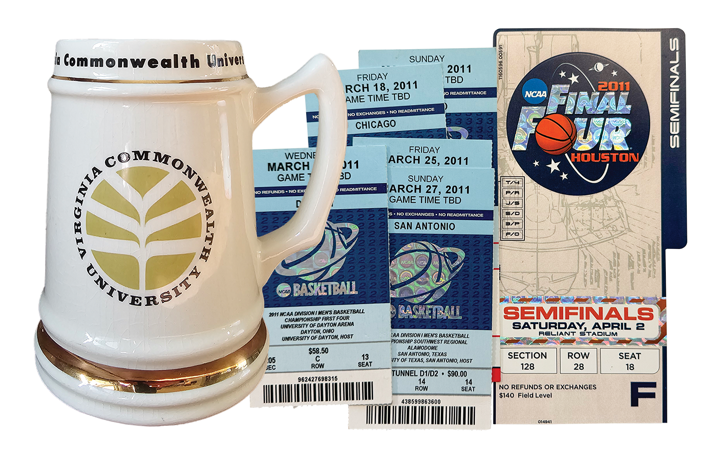 a beer mug and ticket stubs from a basketball game