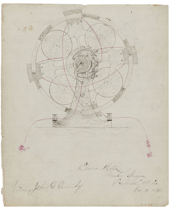 An 1879 sketch of an electric motor from Frank Sprague's inventions notebook.