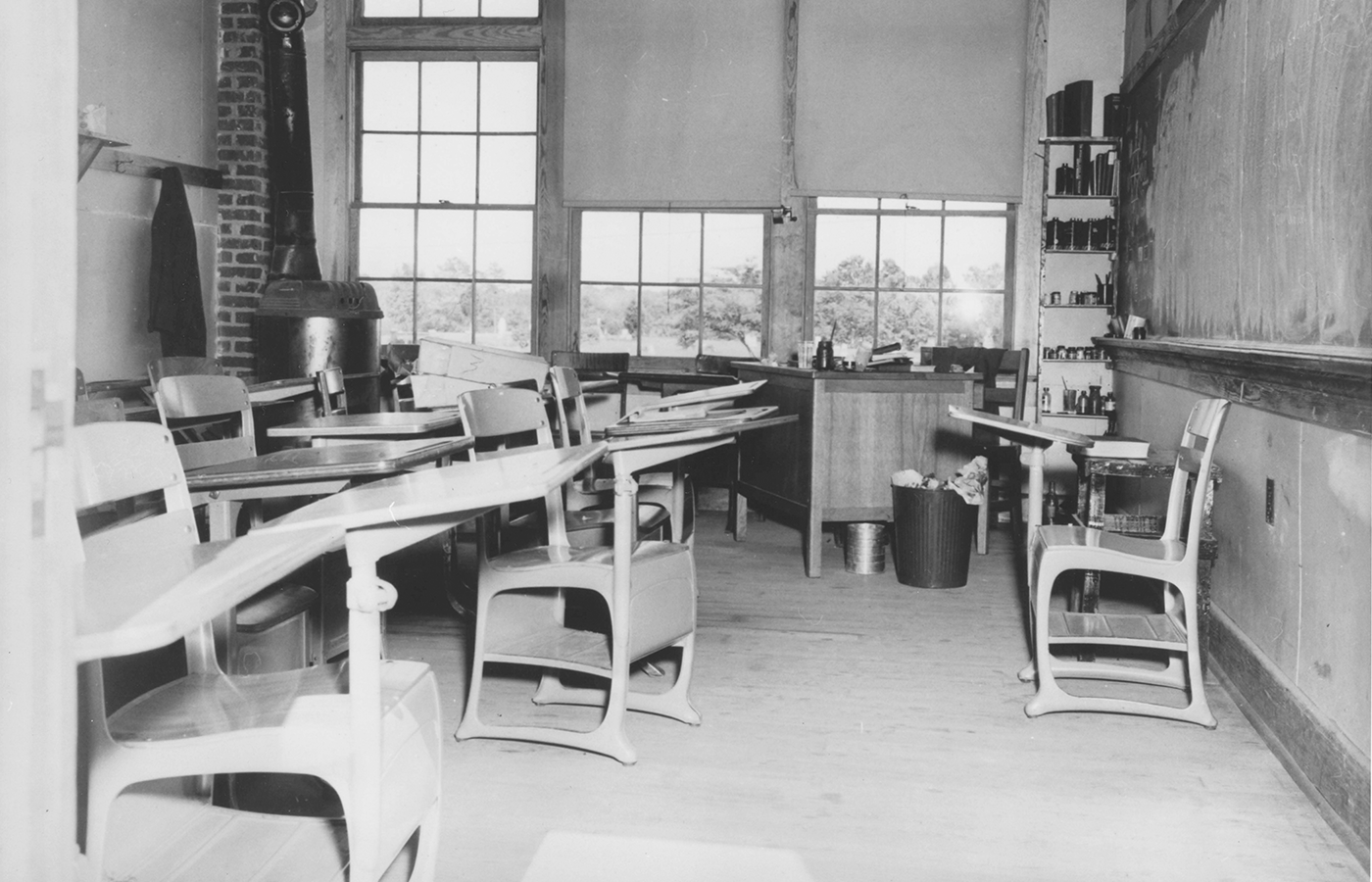 A makeshift classroom at Moton High with a potbelly stove for warmth.