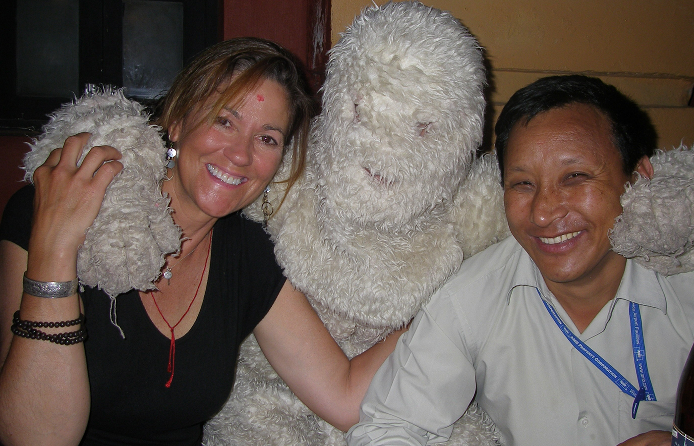 Freer and Wongchhu Sherpa enjoy a lighter moment (with a yeti) in Kathmandu.