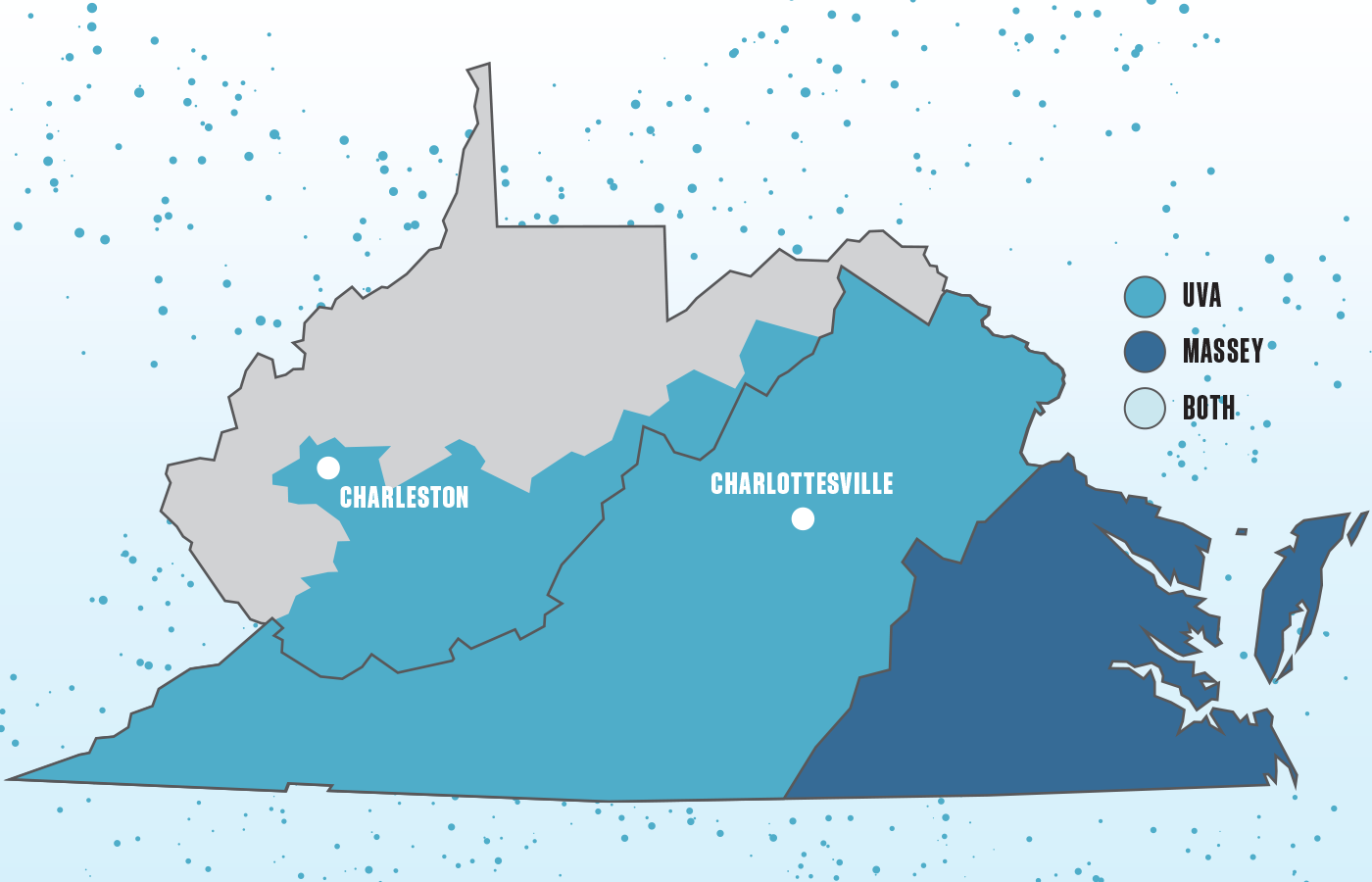 Map of Virginia and West Virginia, with areas shaded that are served by UVA and VCU cancer centers