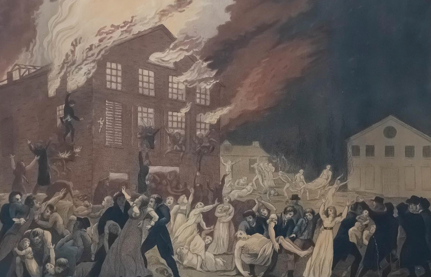 This engraving by Benjamin Tanner from February 1812 depicts the Richmond Theatre fire.
