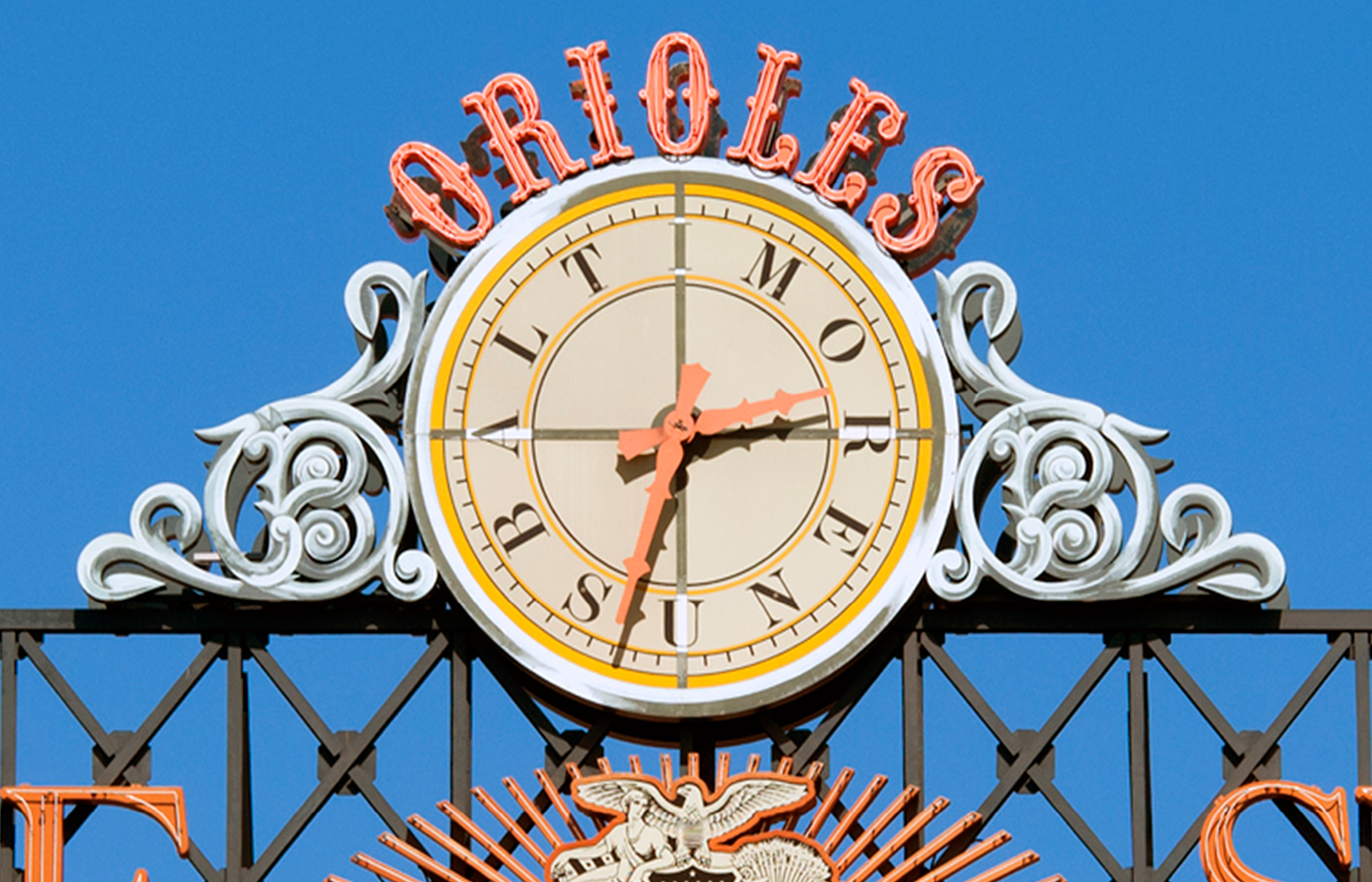 a photo of the antique scoreboard clock at Camden Yards