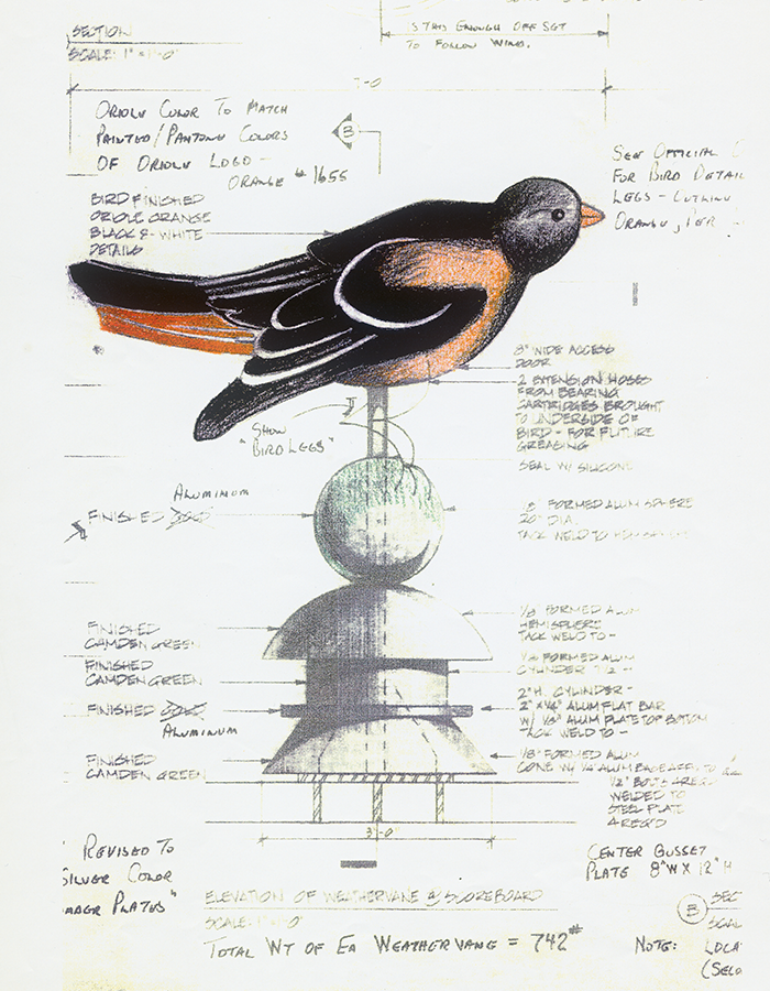 a sketch of an oriole weathervane at Camden Yards
