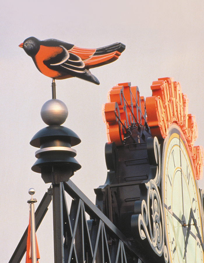 a photo of one of the oriole weathervanes at Camden Yards