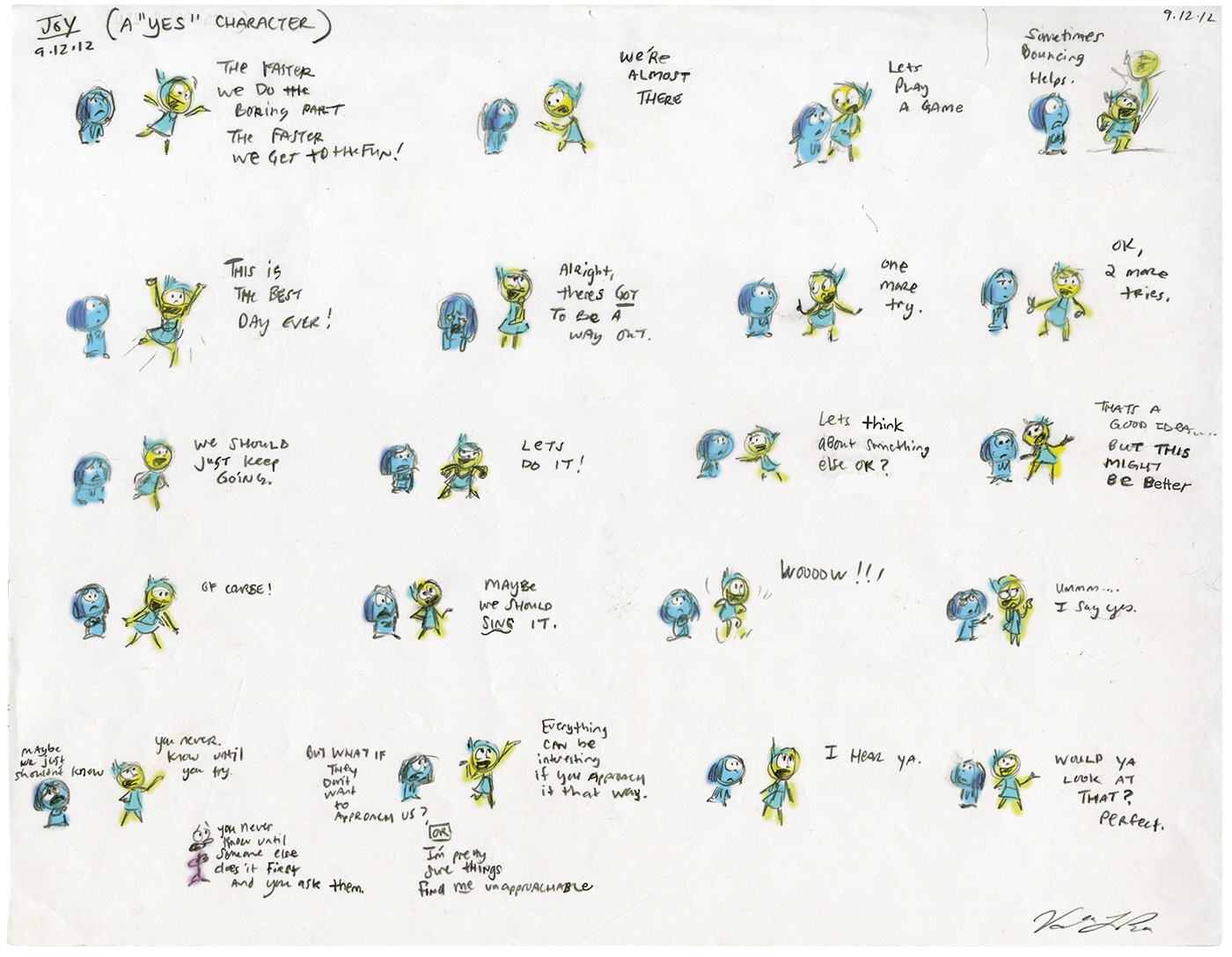 Early sketch of the characters Joy and Sadness from Inside Out