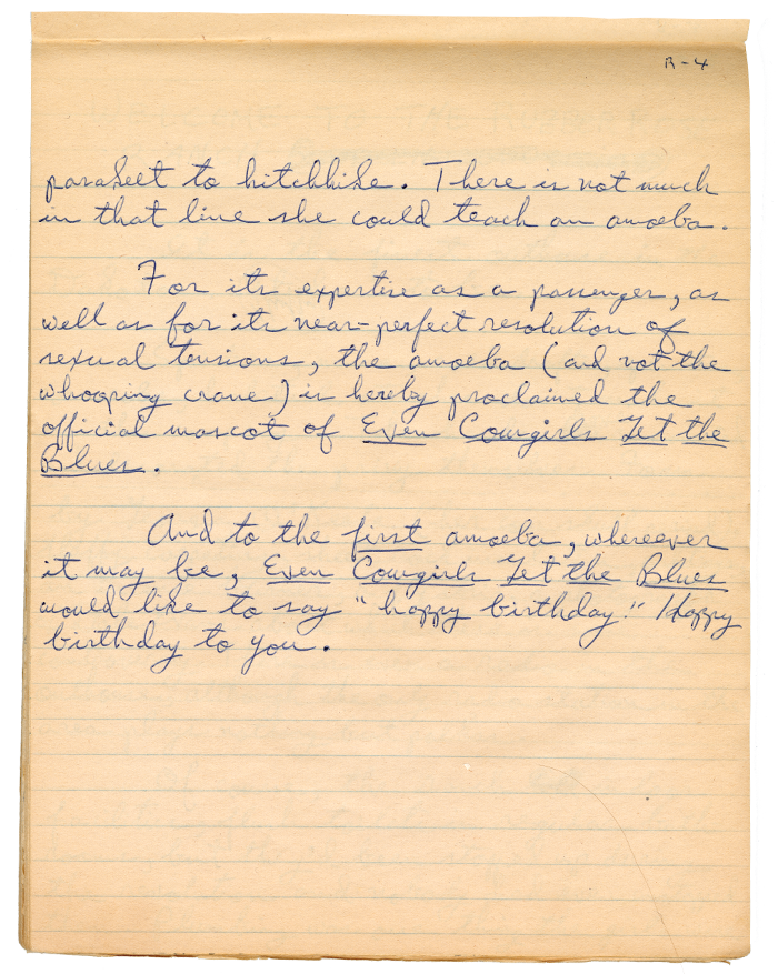 Handwritten manuscript of the opening pages of “Even Cowgirls Get the Blues”