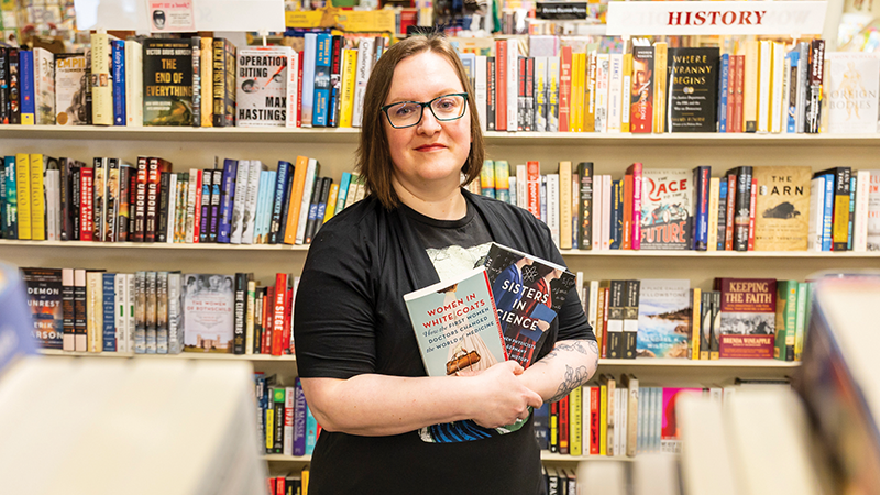 Olivia Campbell in The Doylestown Bookshop near her home in Pennsylvania, with her first two books; she has a third in the works.